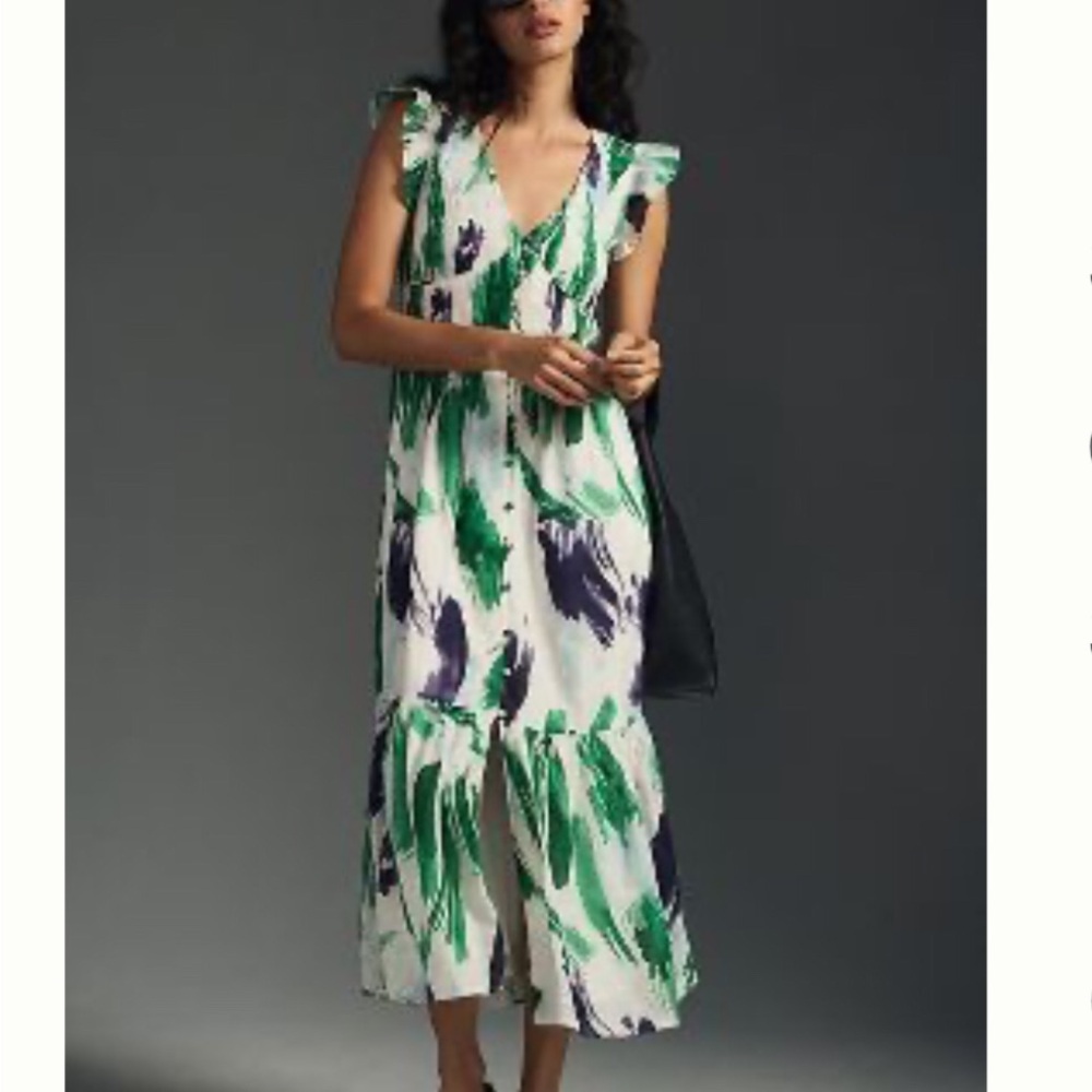 Anthropologie Green and White Midi Sundress with Flutter Sleeves and V-Neck
